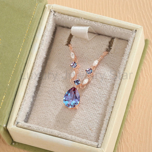Cluster Pear Cut Alexandrite and Moissanite Necklace - image 2
