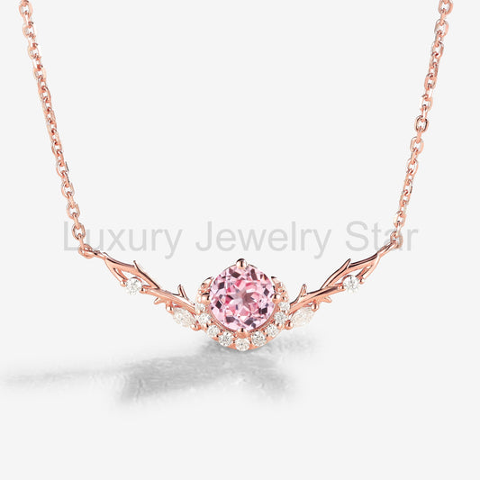 Nature Inspired Round Cut Pink Sapphire Vine Necklace - image 2