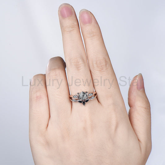 Hexagon Cut Black Rutilated Quartz Moon Celestial Ring Set Spinel Curved Band - image 2