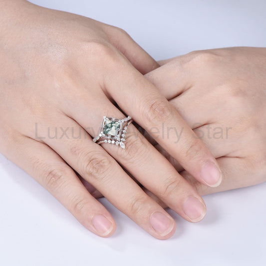 Princess Cut Natural Moss Agate Engagement Ring Moissanite Art Deco Bridal Ring Set - image 2
