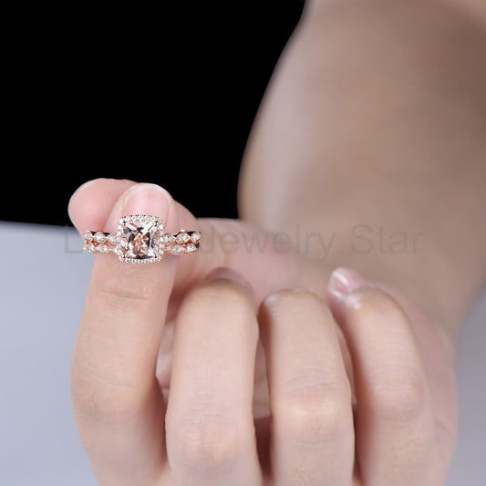 Cushion Cut Natural Morganite Engagement Ring Diamond Halo Bridal Set - image 2