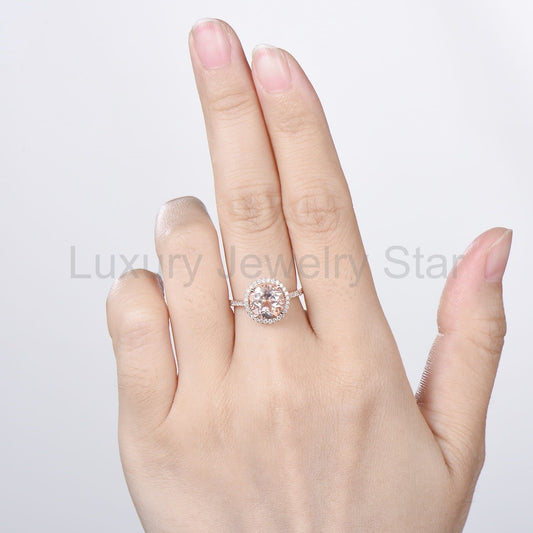 Retro Round Cut Morganite Engagement Ring Rose Gold, Hidden Diamond Halo Basket Setting - image 2