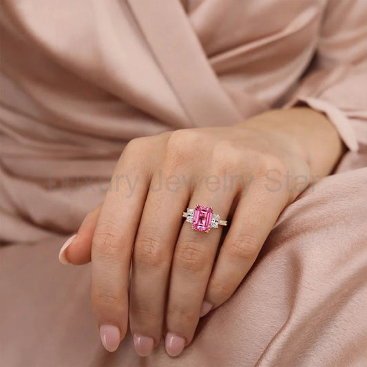 Cleo's Romance | 3CT Emerald Cut Pink Sapphire Engagement Ring - image 2