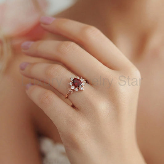 Anne’s Crimson | Oval Garnet Vintage Halo Engagement Ring