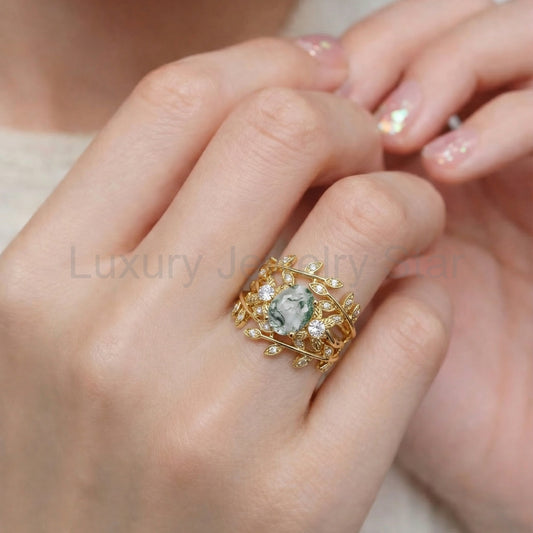 Léonie Oval Cut Moss Agate Leafy Gold Couple Ring Set - image 2