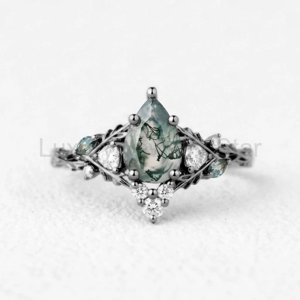 Genevieve’s Garland | Pear Moss Agate Leafy Engagement Ring - image 6