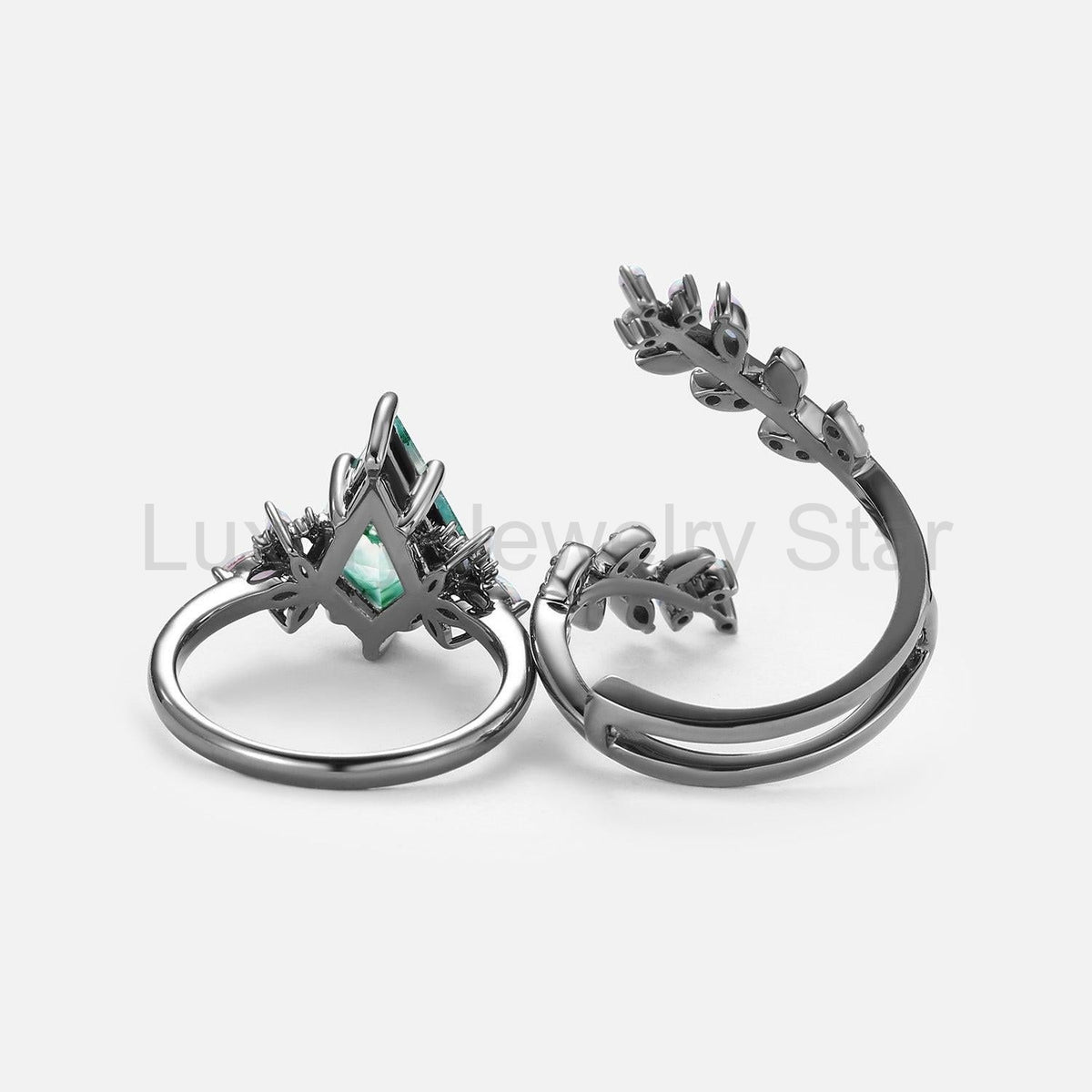 Nyx’s Enclosure | Black Gold Kite Cut Moss Agate & Opal Cage Leafy Engagement Ring Set - image 5
