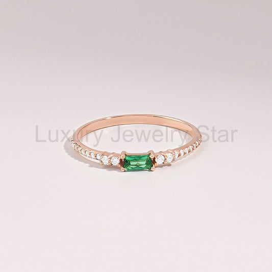 Minimalist Baguette Emerald Ring – 14k Solid Gold with Pavé Diamonds | May Birthstone Gift - image 2