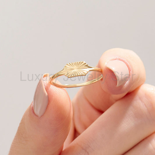 Sun Engraved 14k Real Gold Signet Ring – Dainty Slim Pinky Band | Celestial Stacking - image 2