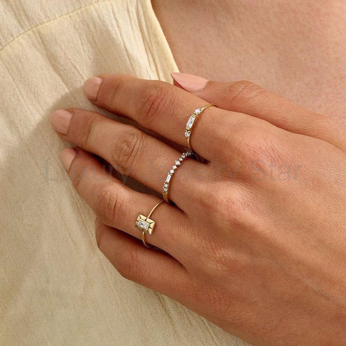 14k Solid Gold Baguette Diamond Ring | Minimalist Engagement Ring & Stacking Band for - image 10