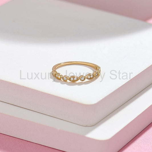 Vintage Art Deco Diamond Ring 14K Gold – Women’s Unique Pavé Stacking Band - image 2