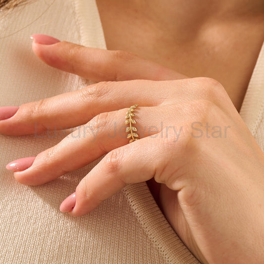 14K Solid Gold Olive Branch Ring – Dainty Leaf Vine Stackable Wedding Band - image 2