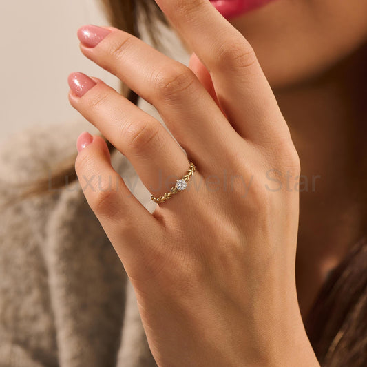 Handcrafted 14k Solid Gold Engagement Band - Diamond Solitaire with Vine Detailing - image 2