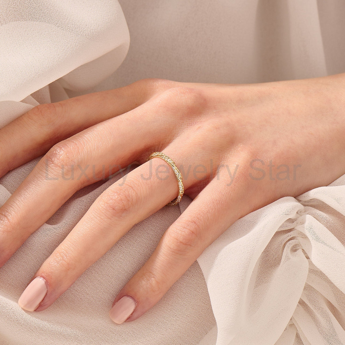 14k Solid Gold Twisted Diamond Wedding Band – Women's Braided Eternity Ring, Handmade - image 10