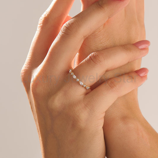 Marquise Diamond Half Eternity Band – Solid Gold Unique Wedding Ring, Marquise Gold - image 2