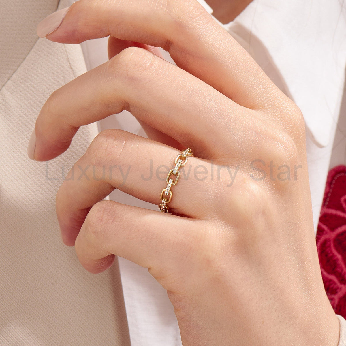 14k Solid Gold Diamond Open Link Ring – Women's Minimalist Stackable Eternity Band - image 10