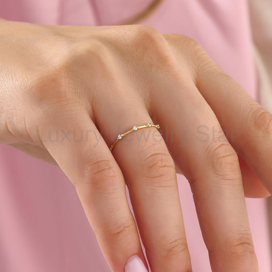 Diamond Stackable Ring, 14k Solid Gold Stacking Ring, Tiny Diamond Bone Band for Women - image 2