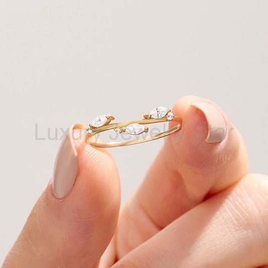 Nature-Inspired Bridal Jewelry – 14K Solid Gold Diamond Leaf Wedding Ring, Women's Dainty - image 2