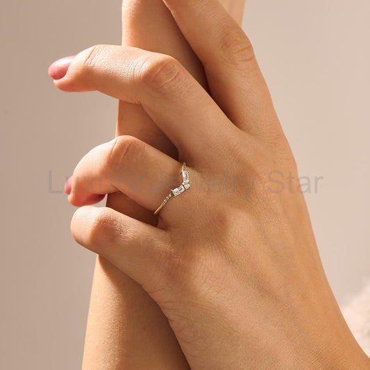 Women's Minimalist Curved 14K Gold Ring - V-Shaped Diamond Baguette Wedding Band - image 2
