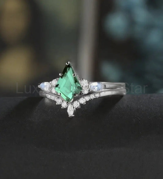 Kite Cut Lab Emerald Bridal Set Solid Gold Engagement Ring Set Marquise Moonstone Bridal - image 2