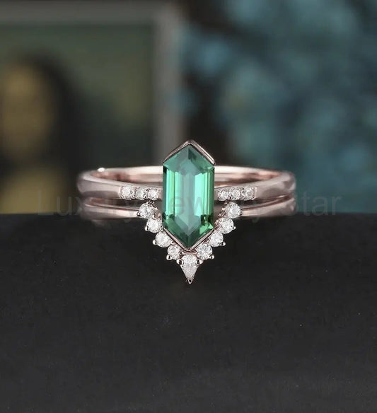 Long Hexagon Emerald Engagement Ring Set Solid Gold Bridal Set Moissanite Dimond Bridal - image 2