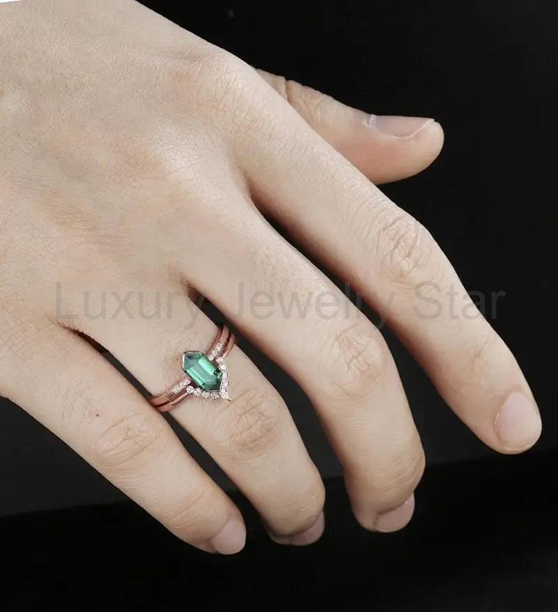 Long Hexagon Emerald Engagement Ring Set Solid Gold Bridal Set Moissanite Dimond Bridal - image 5
