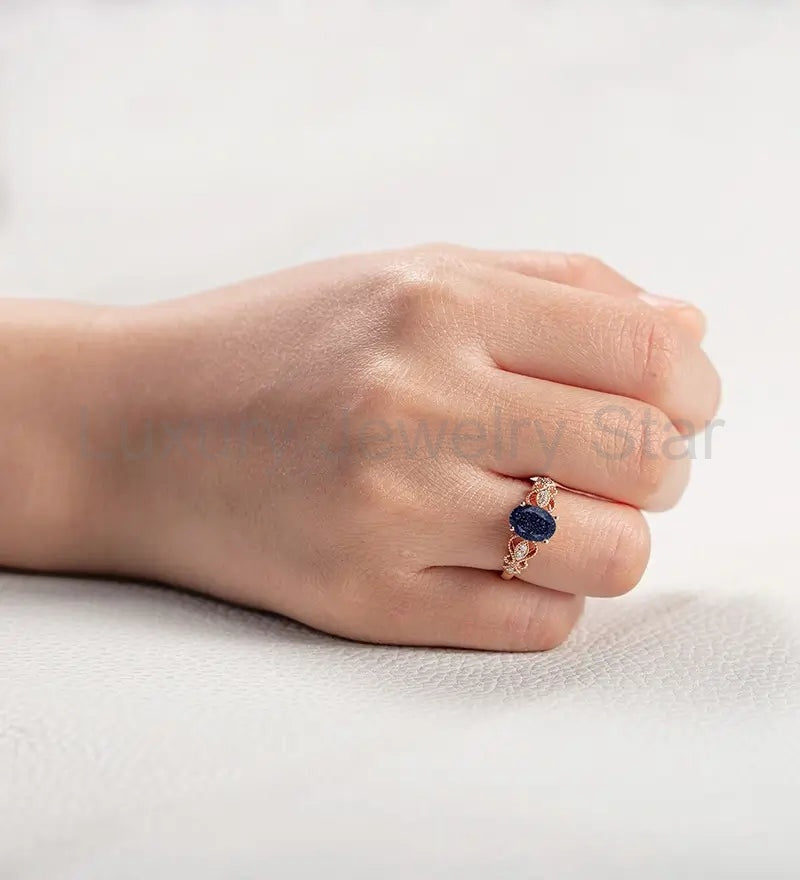Oval Cut Blue Sandstone Engagement Ring Moissanite Diamond Wedding Ring Vintage Rose Gold - image 5