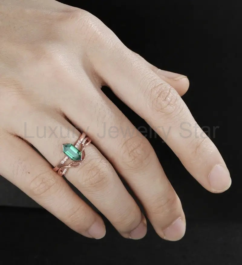 Long Hexagon Emerald Bridal Set Solid Gold Engagement Ring Set Unique Dimond Bridal Set - image 5