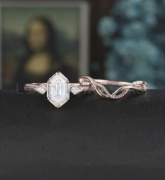 Long Hexagon Moissanite Bridal Set Solid Gold Engagement Ring Set Unique Bridal Set - image 2