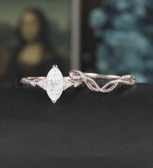 Marquise Cut Moissanite Ring Set Solid Gold Engagement bridal set Moissanite Bridal Set - image 2