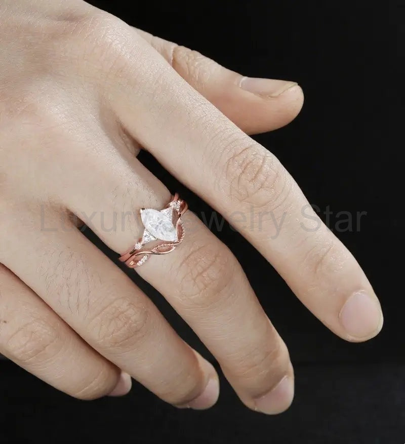 Marquise Cut Moissanite Ring Set Solid Gold Engagement bridal set Moissanite Bridal Set - image 5