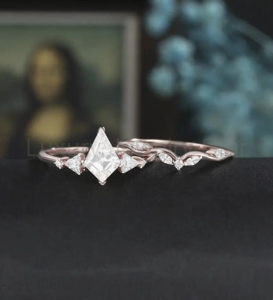 Kite Cut Moissanite Engagement Ring Set Solid Gold Diamond Bridal Set Anniversary Lab - image 2