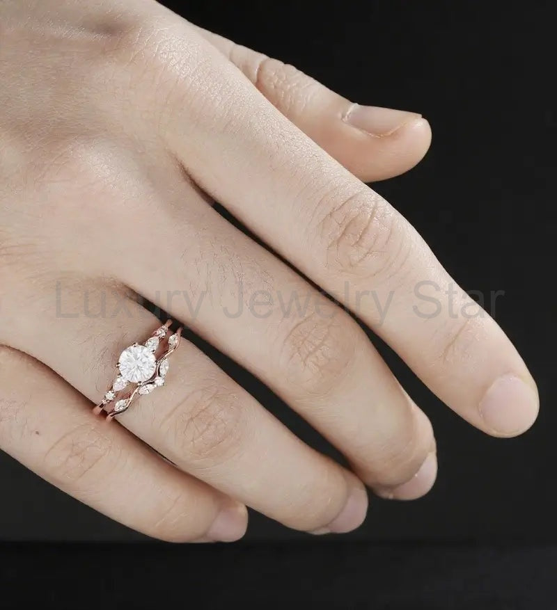 Round Cut Engagement Ring Set Solid Gold Moissanite Bridal Set Anniversary Diamond Wedding - image 5