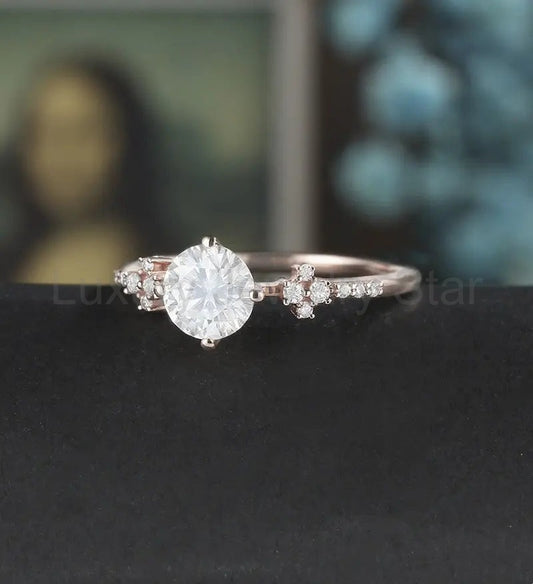 6mm Round Cut Moissanite Engagement Ring Unique Diamond Cluster Wedding Ring Women Vintage - image 2