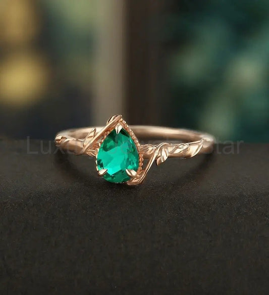 Pear Shaped Lab Emerald Engagement Ring Solid Gold Moissanite Promise Ring Anniversary - image 2