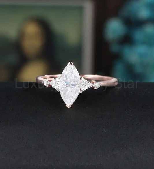 Marquise Cut Moissanite Engagement Ring Solid Gold Promise Ring Anniversary triangle - image 2
