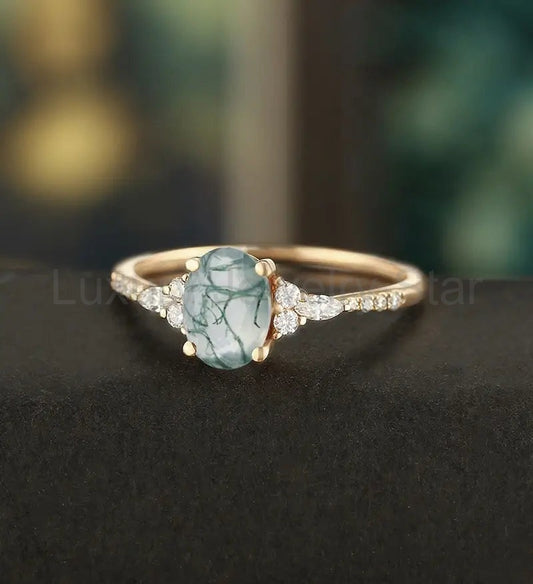 Oval Cut Moss Agate Ring Engagement Ring Rose Gold Marquise Cut Moissanite Anniversary - image 2
