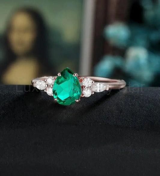 Pear Shaped Lab Emerald Engagement Ring White Gold Marquise Cut Moissanite Ring Unique - image 2