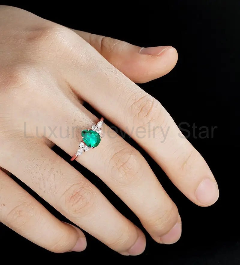 Pear Shaped Lab Emerald Engagement Ring White Gold Marquise Cut Moissanite Ring Unique - image 5