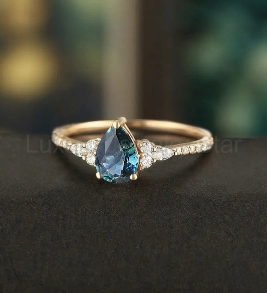 Teal Sapphire Engagement Ring Vintage Solid Gild Ring Pear Shaped Anniversary Ring Vintage - image 2