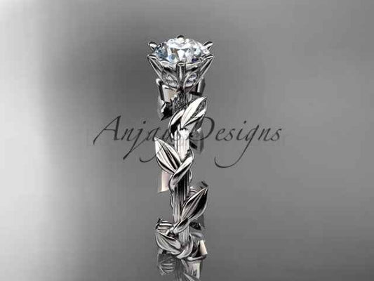 1 Carat Round Lab Grown Diamond Leaf and Vine Engagement Ring Unique Nature Inspired Diamond Ring