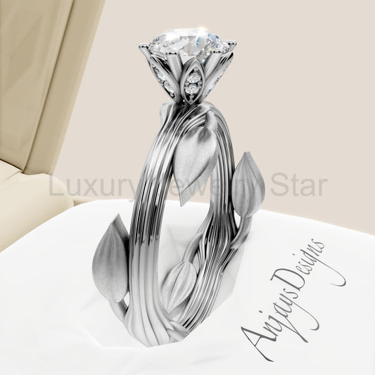 Nature Inspired Dainty Engagement Ring 1 Carat Round Lab Grown Diamond D VS1 IGI Certified