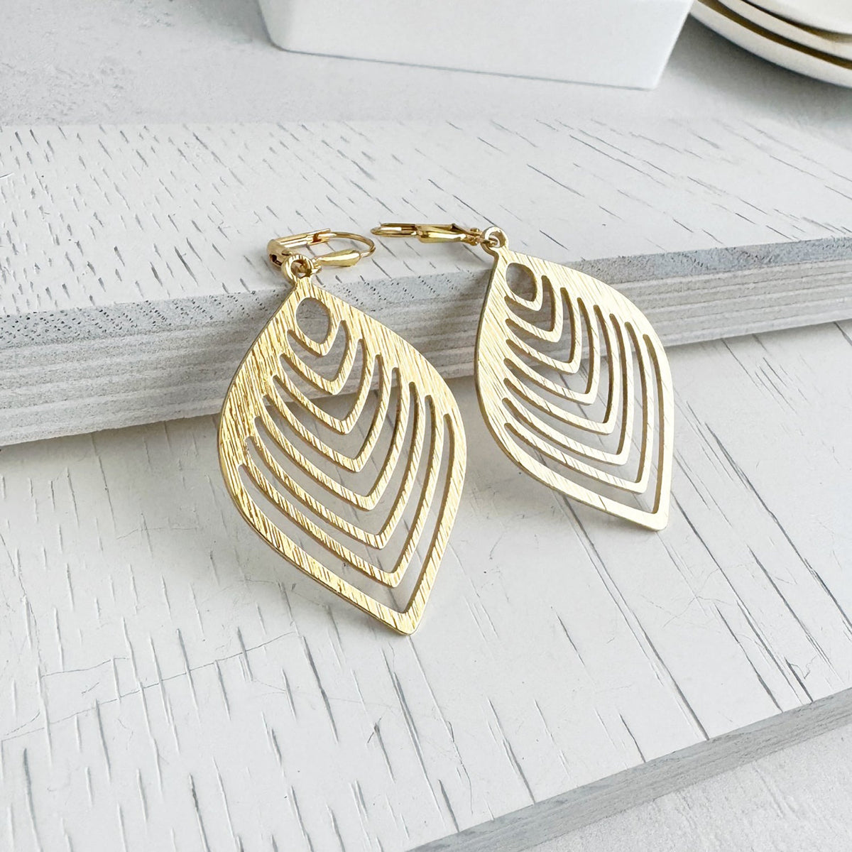 Chevron Pattern Marquise Earrings in Brushed Gold