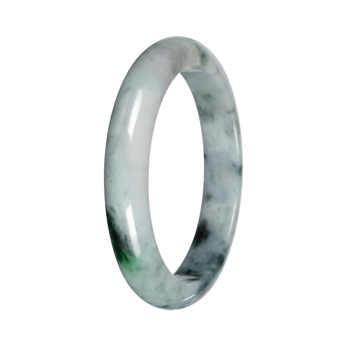 Natural Gray Black pattern and Green Patch Burmese Jade Bangle - 58mm Half Moon