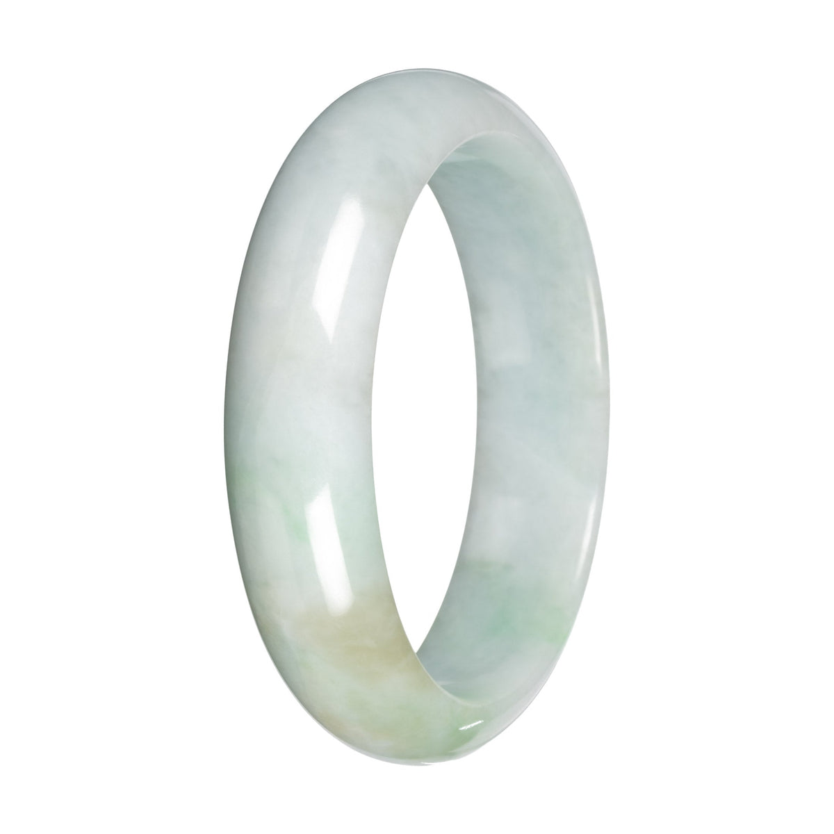 Grade A White with Light Green and Olive Pattern Jadeite Jade Bangle - 59mm Half Moon