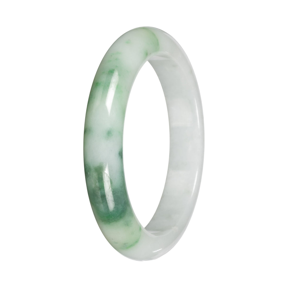 Grade A White with Apple Green Pattern Traditional Jade Bangle - 55mm Half Moon