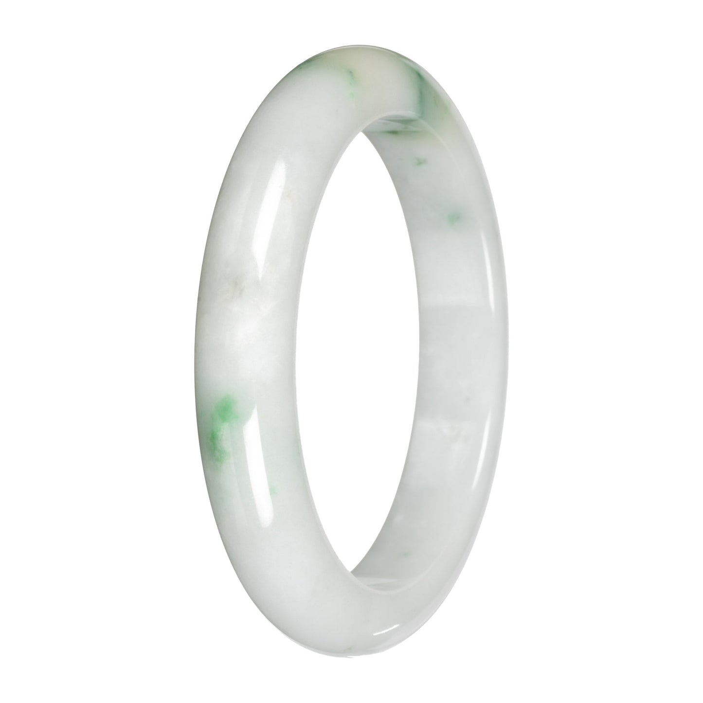 Authentic White with Apple Green Patches Traditional Jade Bangle - 59mm Half Moon