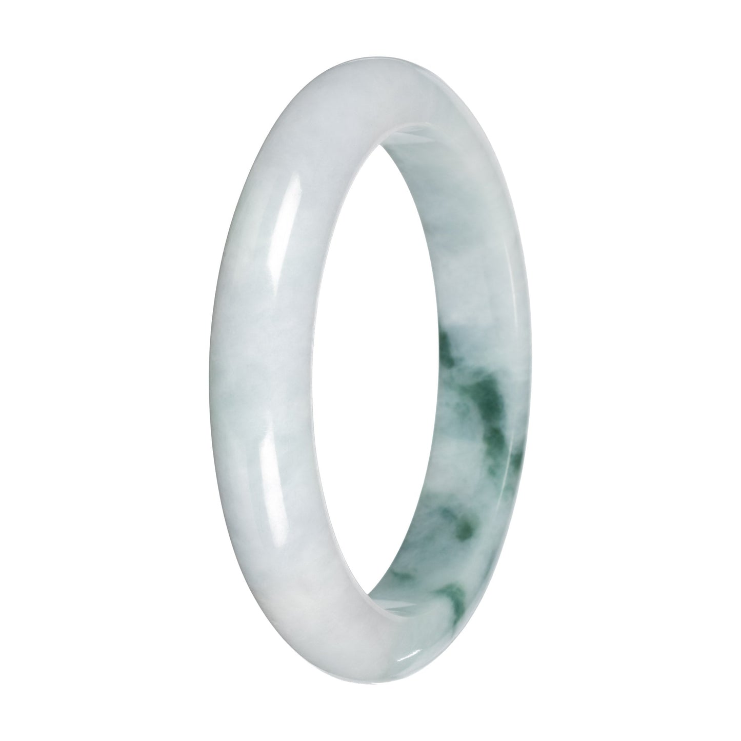 Authentic Light Green with Dark Green Patches Traditional Jade Bangle - 57mm Half Moon
