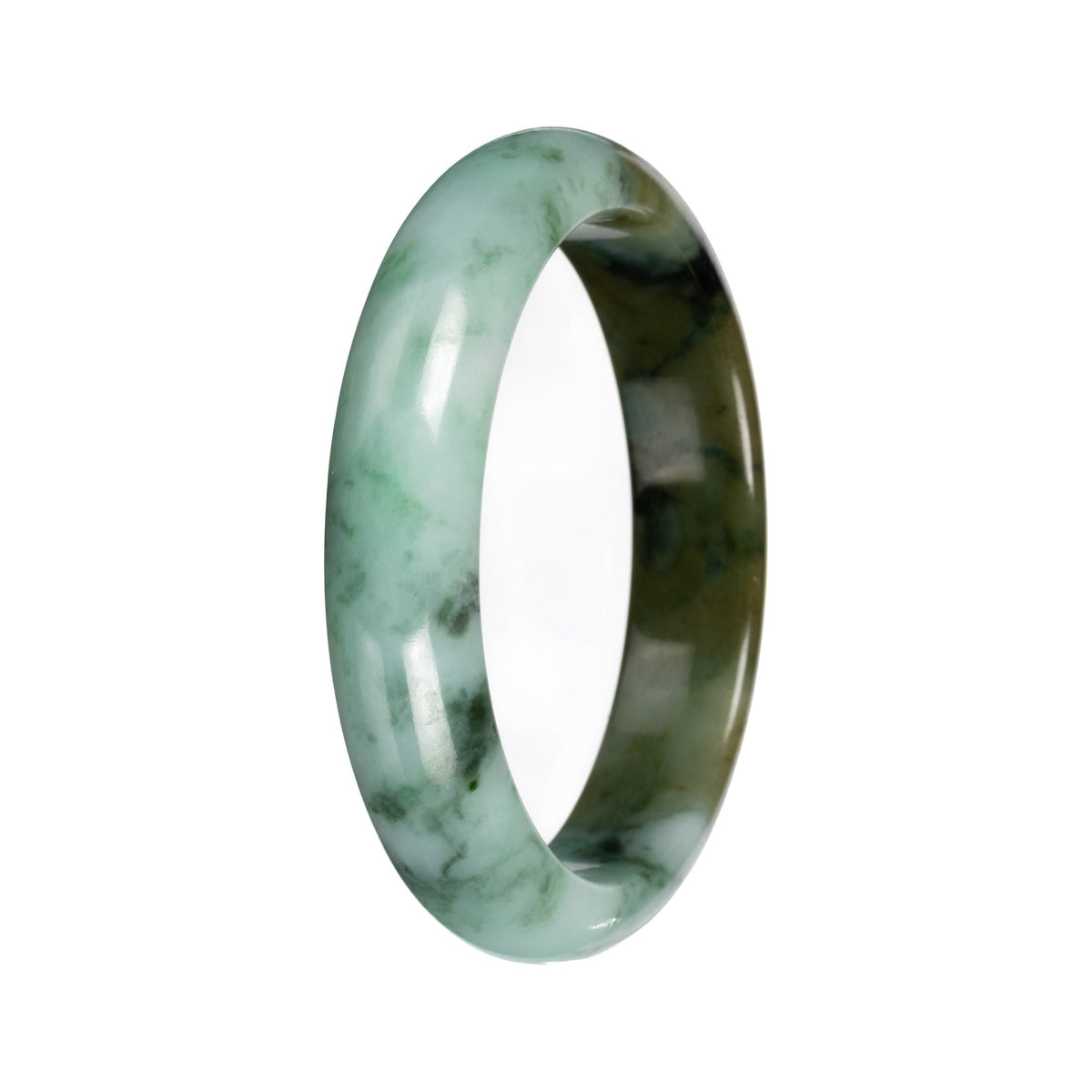 Real Green with Deep Olive Section and Deep Green Pattern Jade Bangle - 53mm Half Moon