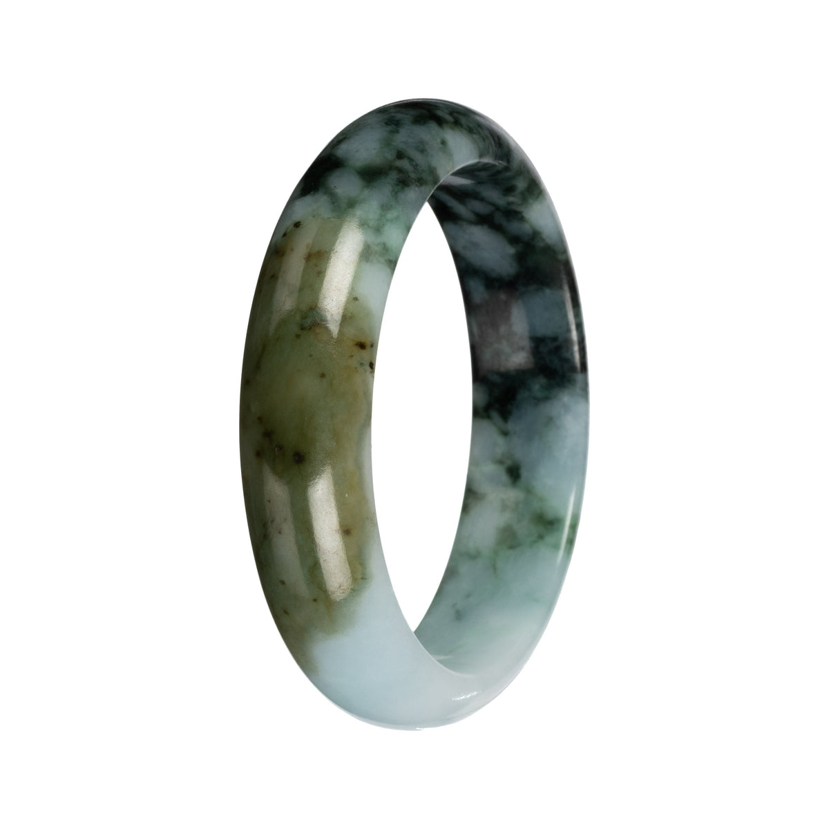 Natural Green with Deep Green Pattern and Olive Patch Jade Bangle - 53mm Half Moon